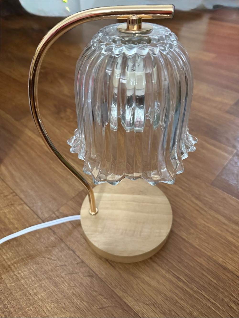 Glass Bell Shade Table Candle Warmer Lamp with Gold Arm and Wood Base
